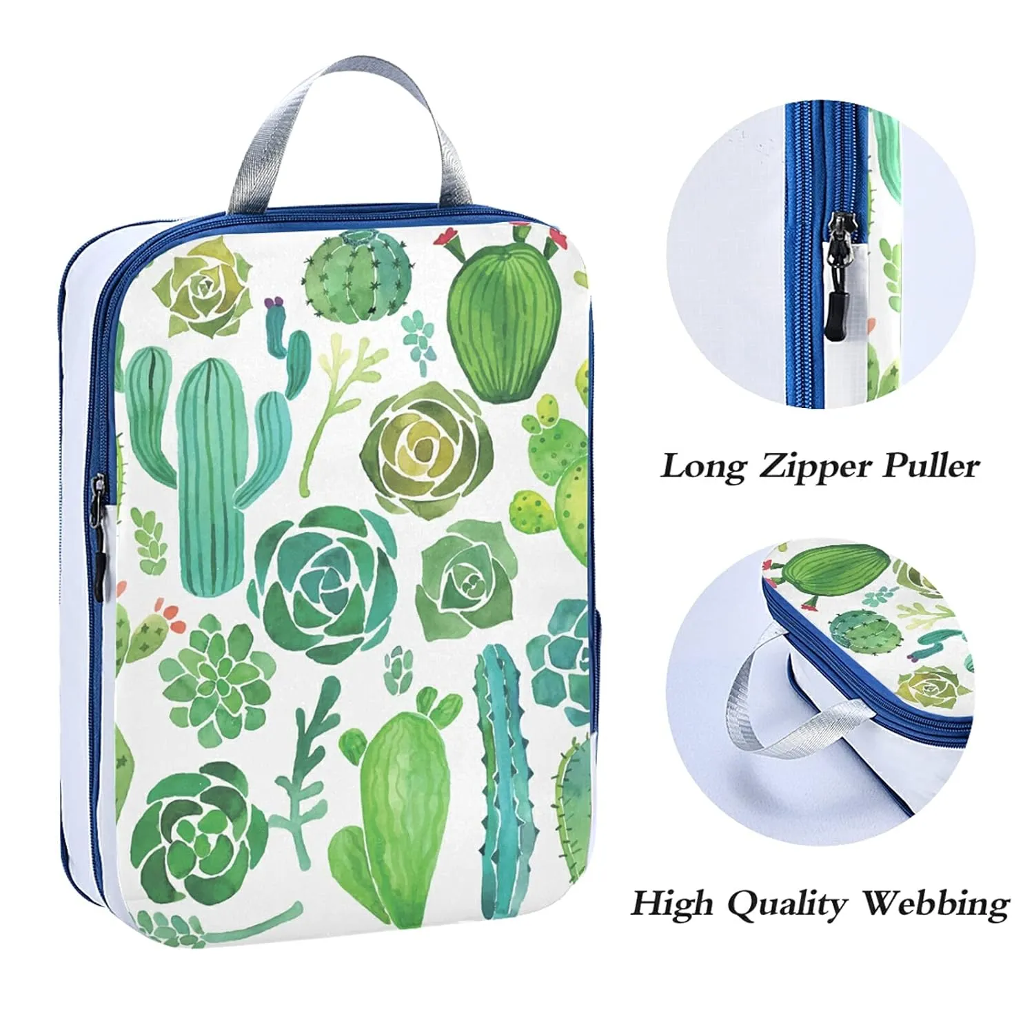 Green Watercolor Cactus and Succulent set Seamless on White 3 Set Packing Cubes, Waterproof Check Oxford cloth Organizers, Travel Packing Toiletry Storage Bag