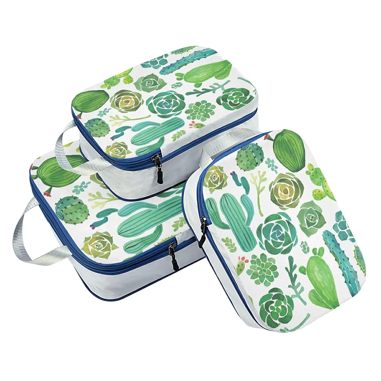 Green Watercolor Cactus and Succulent set Seamless on White 3 Set Packing Cubes, Waterproof Check Oxford cloth Organizers, Travel Packing Toiletry Storage Bag
