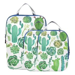 Green Watercolor Cactus and Succulent set Seamless on White 3 Set Packing Cubes, Waterproof Check Oxford cloth Organizers, Travel Packing Toiletry Storage Bag