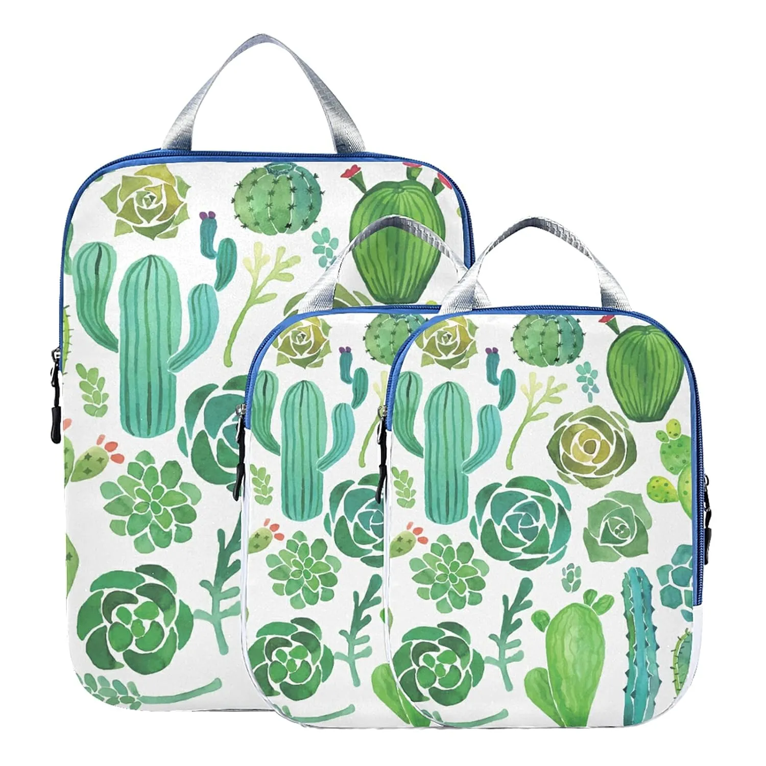 Green Watercolor Cactus and Succulent set Seamless on White 3 Set Packing Cubes, Waterproof Check Oxford cloth Organizers, Travel Packing Toiletry Storage Bag