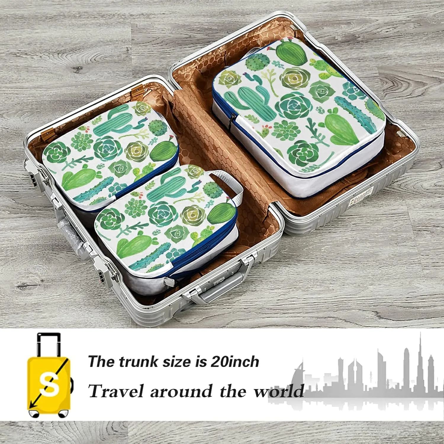 Green Watercolor Cactus and Succulent set Seamless on White 3 Set Packing Cubes, Waterproof Check Oxford cloth Organizers, Travel Packing Toiletry Storage Bag