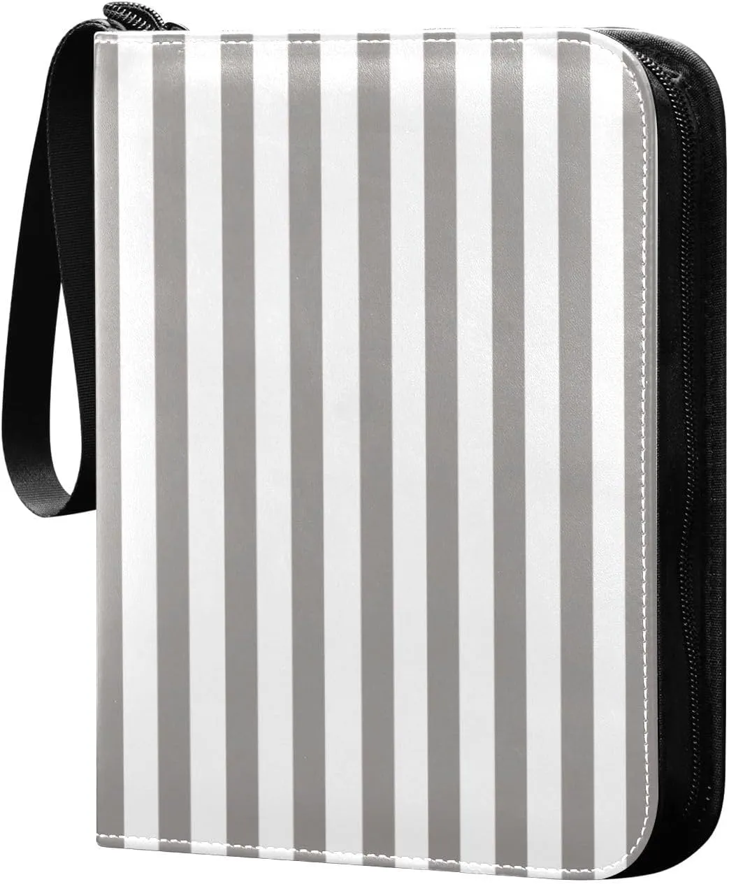 Grey White Stripes Card Binder 4 Pocket Trading Card Album Fits 400 Sports/Game Cards, PU Cover 3 Ring Card Collection with 50 Removable Sleeves