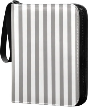 Grey White Stripes Card Binder 4 Pocket Trading Card Album Fits 400 Sports/Game Cards, PU Cover 3 Ring Card Collection with 50 Removable Sleeves
