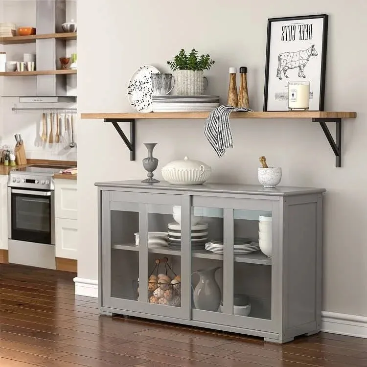 Grey Wood Buffet Kitchen Dining Sideboard Storage Cabinet w/ Glass