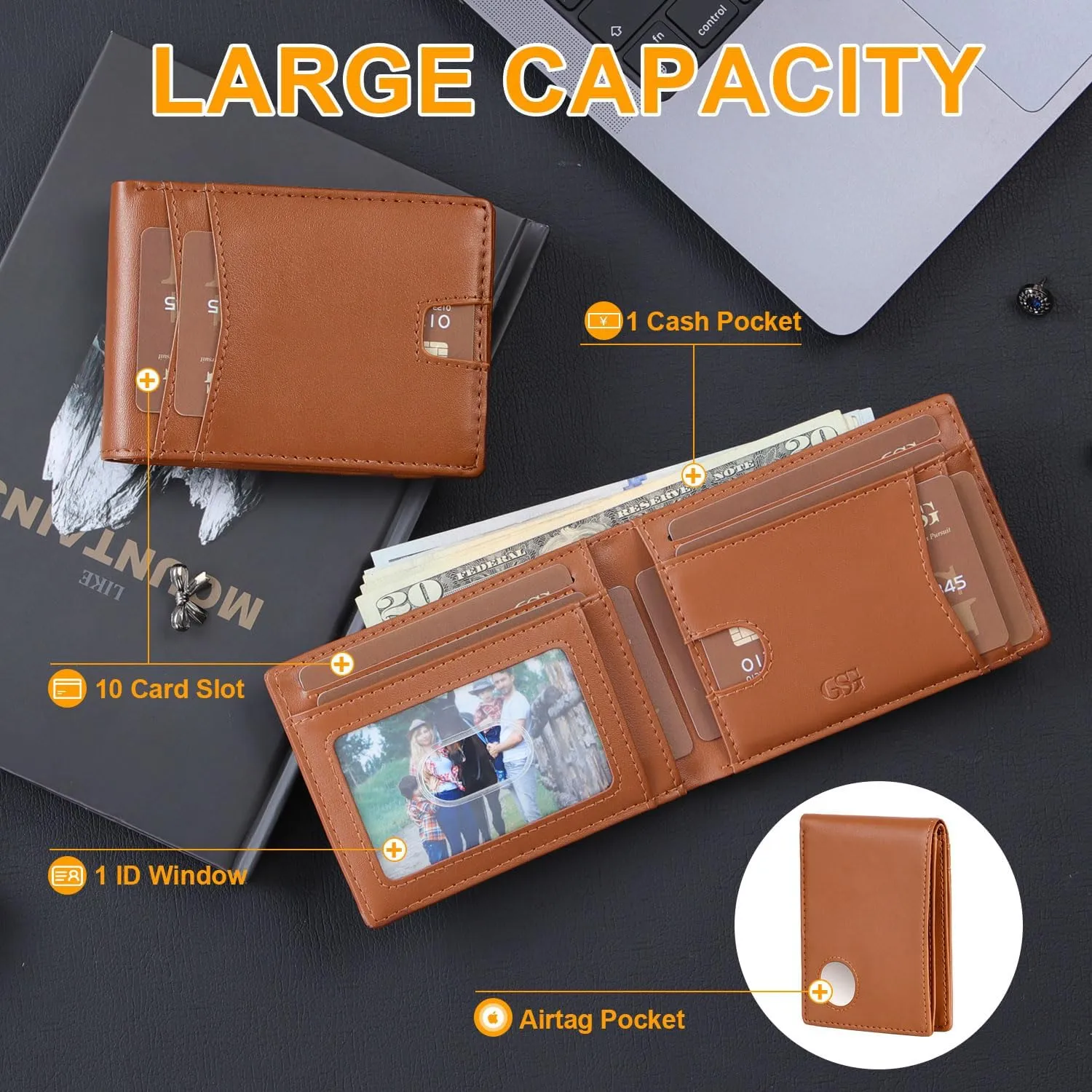 GSG Mens Slim Bifold Wallet, Genuine Leather Wallet, RFID Blocking Wallet With 1 ID Window 10 Cards Holders Mens Front Pocket Wallet With Gift Box, Brown