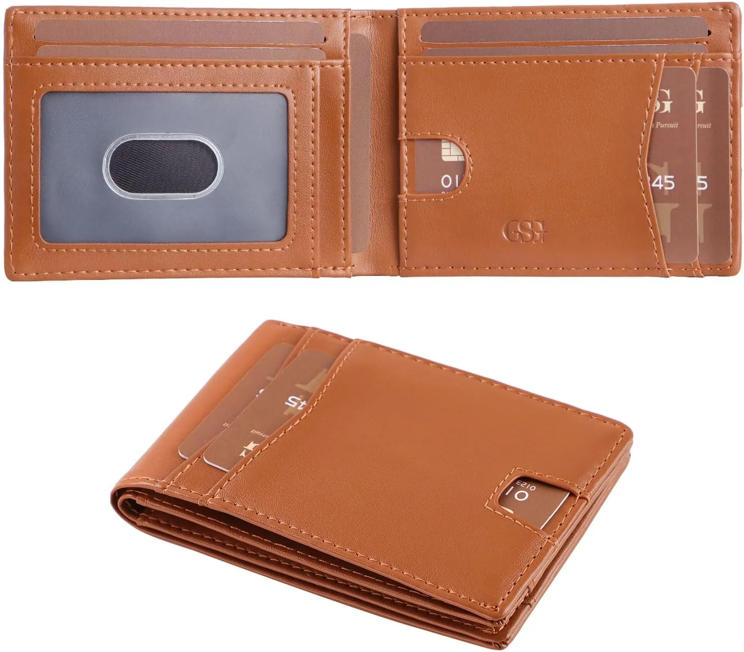 GSG Mens Slim Bifold Wallet, Genuine Leather Wallet, RFID Blocking Wallet With 1 ID Window 10 Cards Holders Mens Front Pocket Wallet With Gift Box, Brown