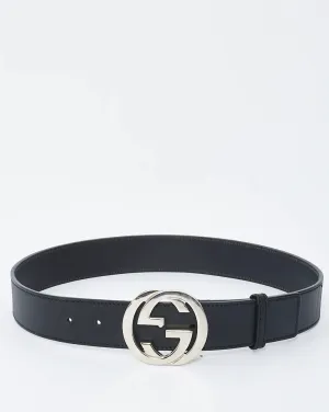 GUCCI BLACK LEATHER BELT WITH SILVER INTERLOCKING GG BUCKLE - 80/32