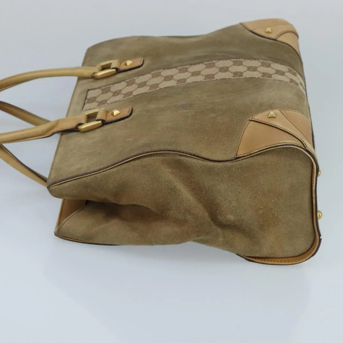 GUCCI GG Canvas Tote Bag Suede Studs Brown Gold 120897 ki5094