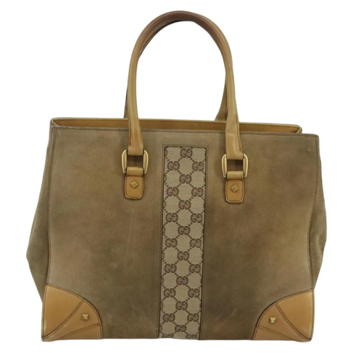 GUCCI GG Canvas Tote Bag Suede Studs Brown Gold 120897 ki5094