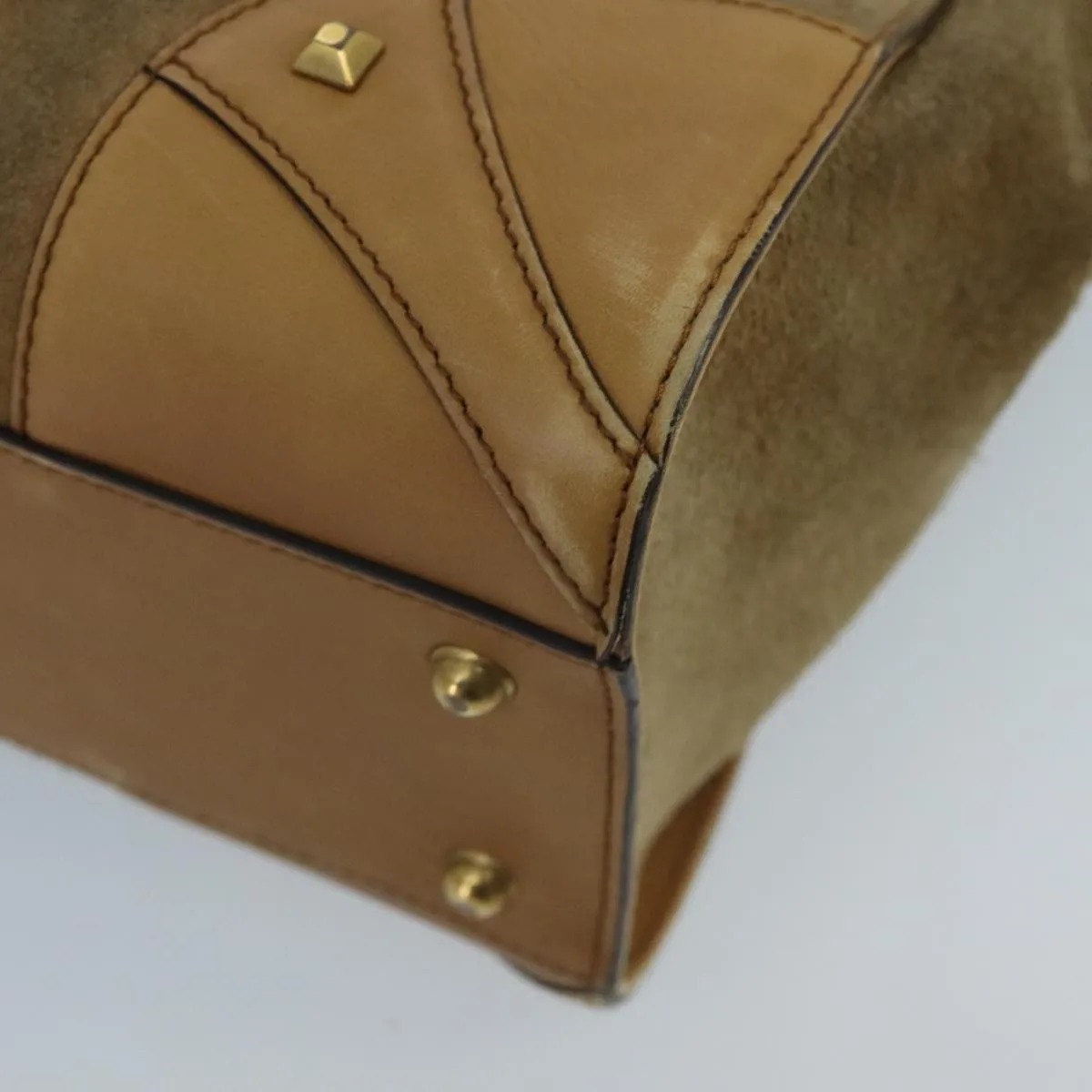 GUCCI GG Canvas Tote Bag Suede Studs Brown Gold 120897 ki5094