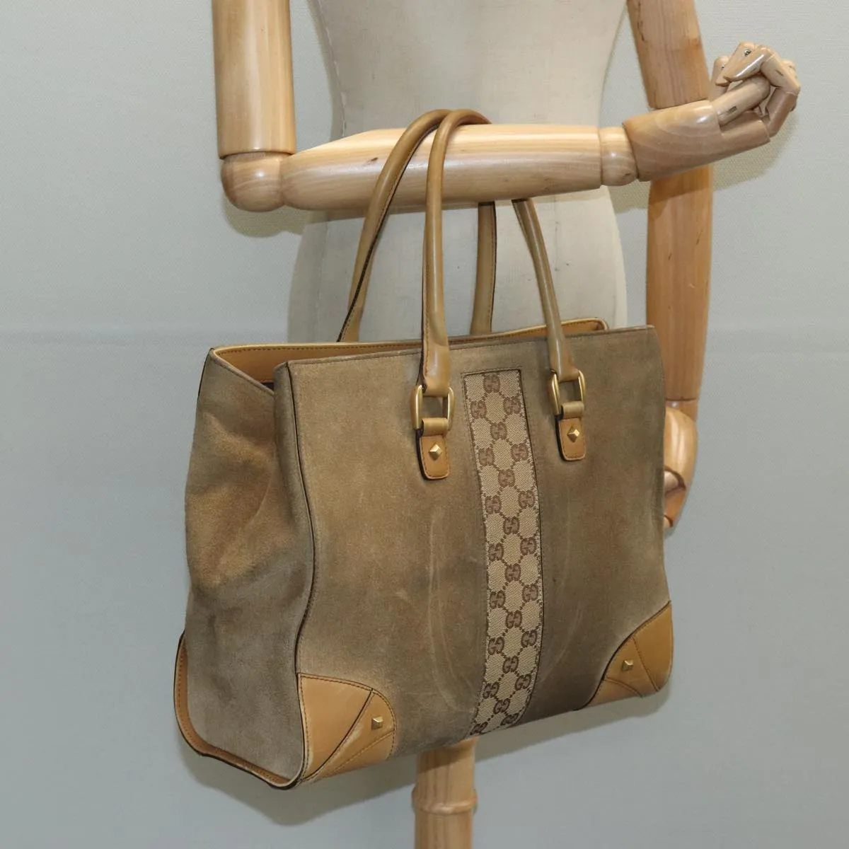 GUCCI GG Canvas Tote Bag Suede Studs Brown Gold 120897 ki5094