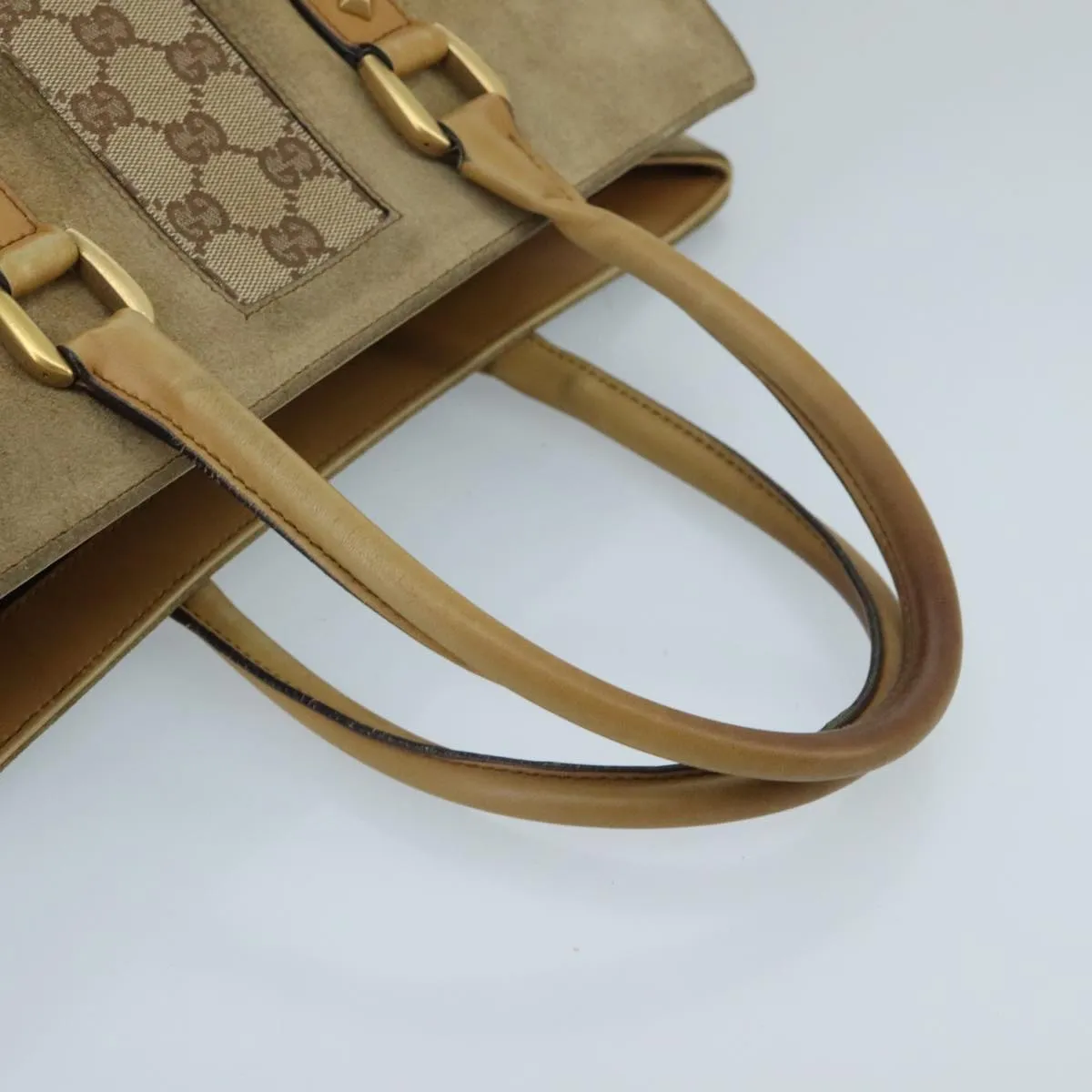 GUCCI GG Canvas Tote Bag Suede Studs Brown Gold 120897 ki5094