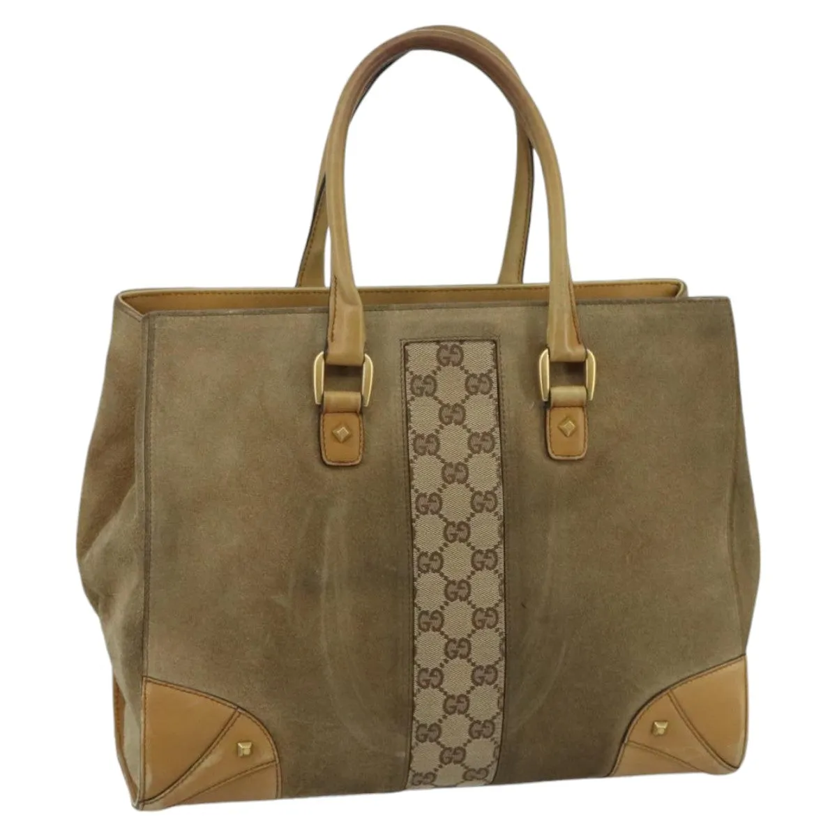 GUCCI GG Canvas Tote Bag Suede Studs Brown Gold 120897 ki5094