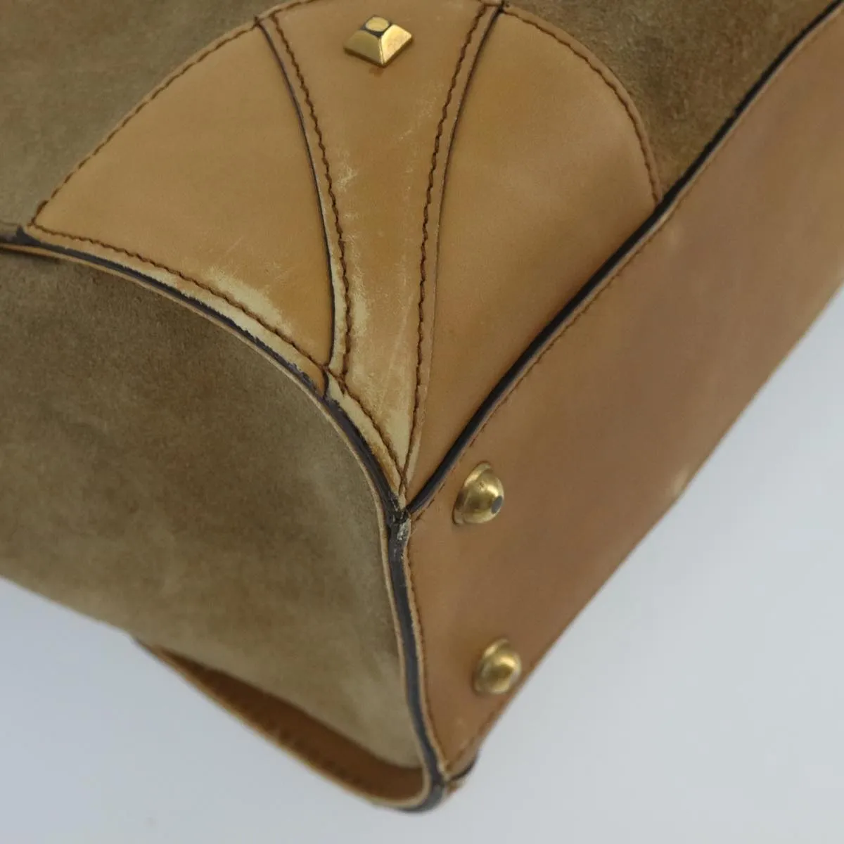 GUCCI GG Canvas Tote Bag Suede Studs Brown Gold 120897 ki5094