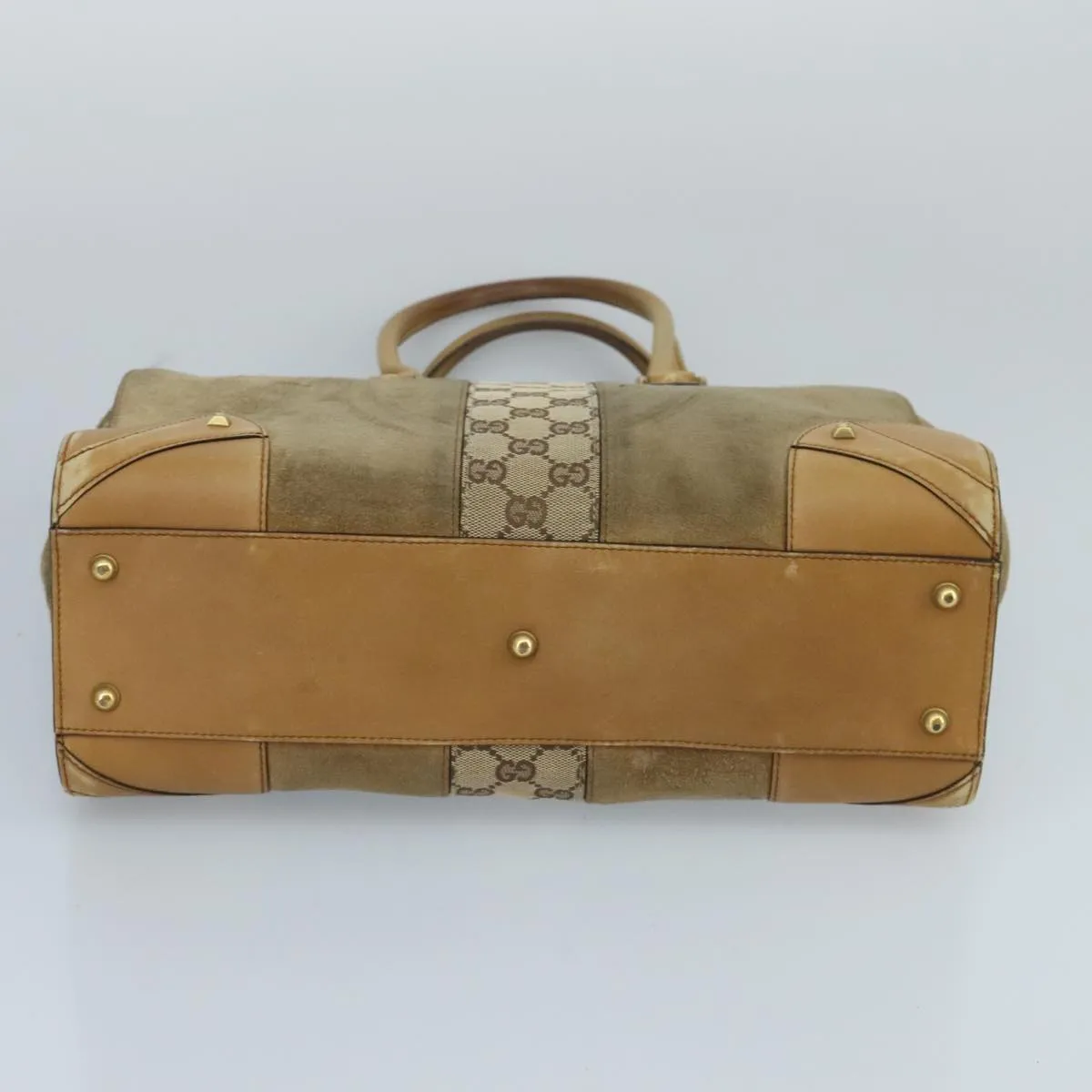 GUCCI GG Canvas Tote Bag Suede Studs Brown Gold 120897 ki5094