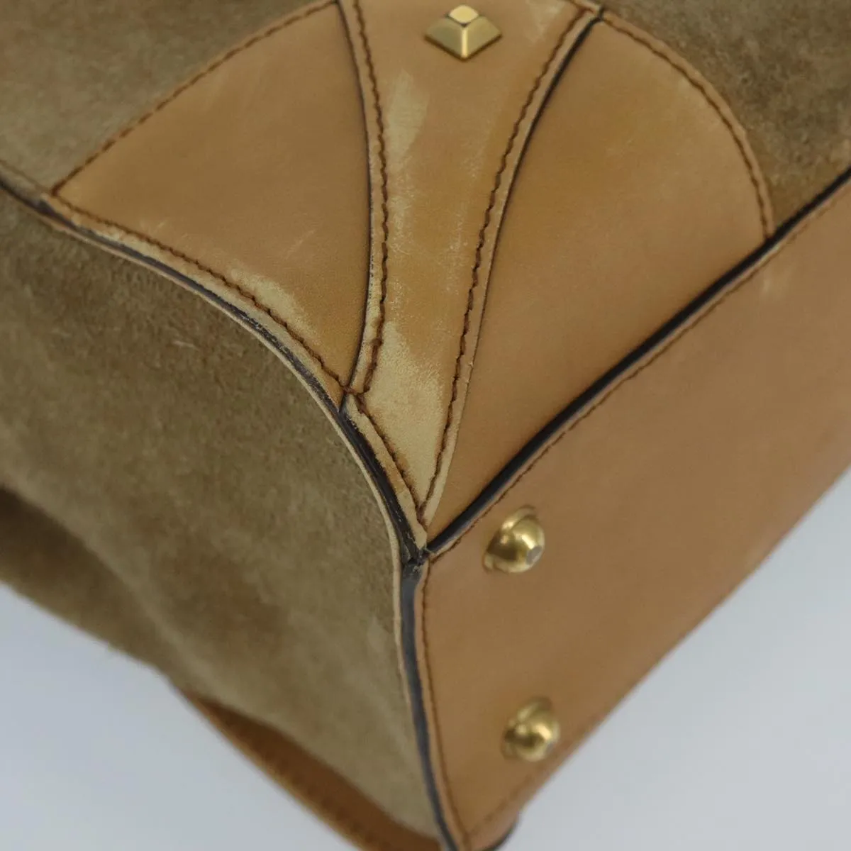 GUCCI GG Canvas Tote Bag Suede Studs Brown Gold 120897 ki5094