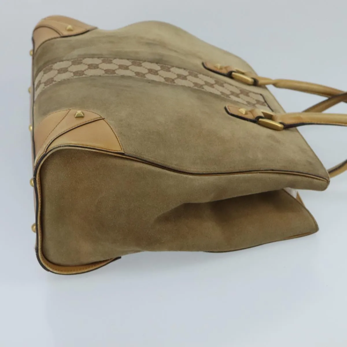 GUCCI GG Canvas Tote Bag Suede Studs Brown Gold 120897 ki5094