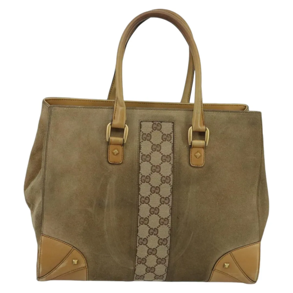 GUCCI GG Canvas Tote Bag Suede Studs Brown Gold 120897 ki5094