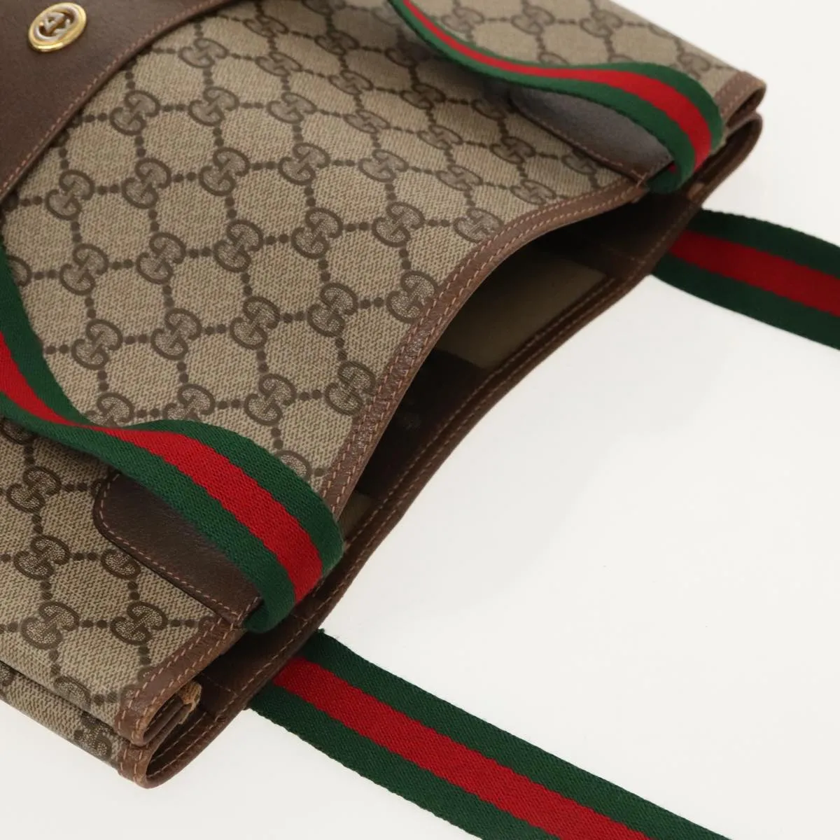 GUCCI GG Canvas Web Sherry Line Tote Bag PVC Leather Beige Green yk15583