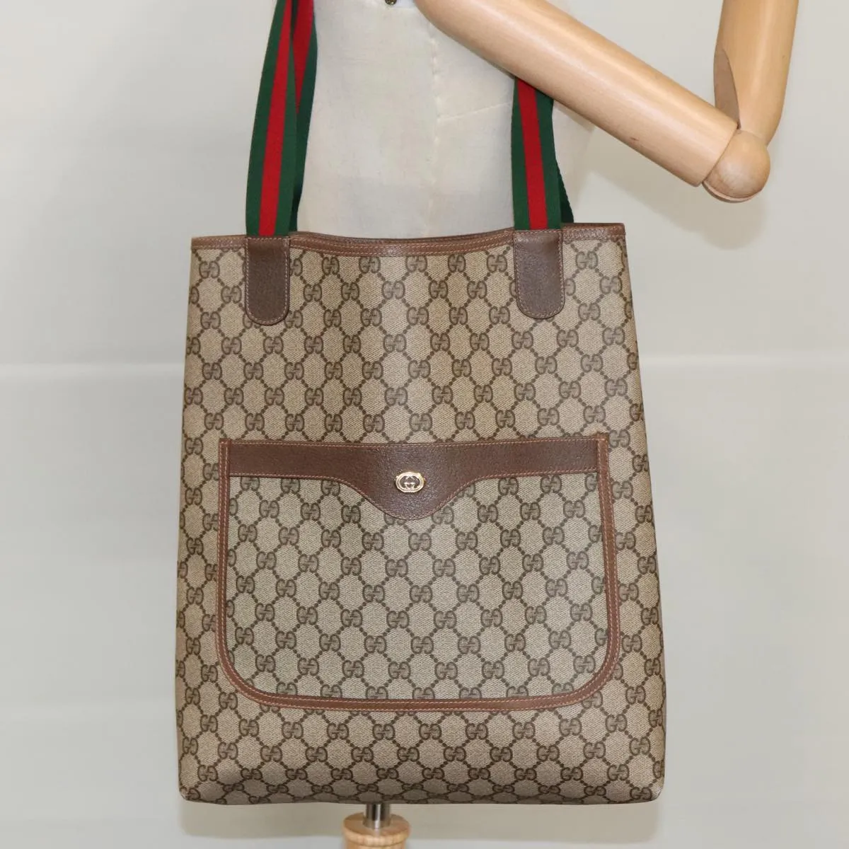 GUCCI GG Canvas Web Sherry Line Tote Bag PVC Leather Beige Green yk15583