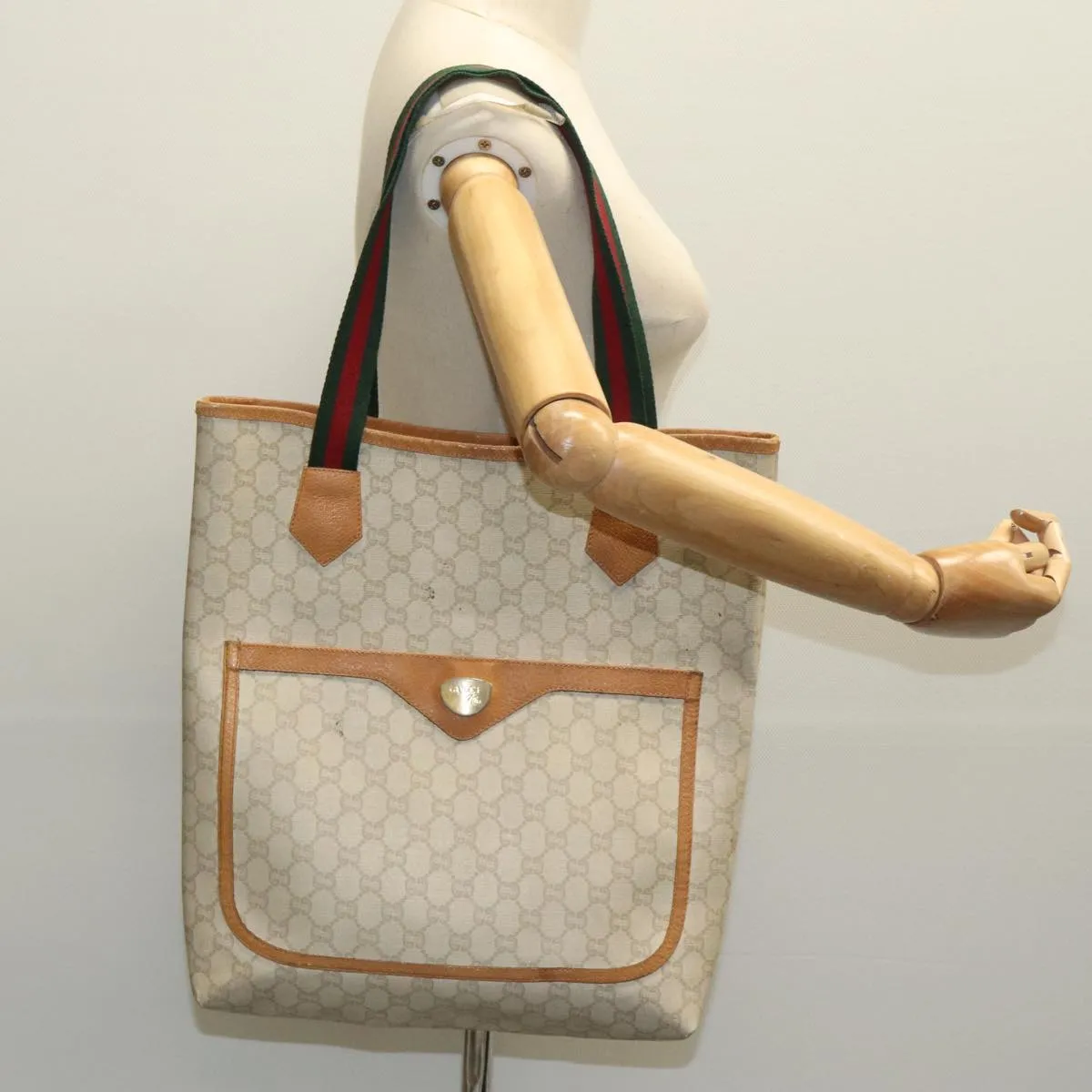 GUCCI GG Plus Supreme Web Sherry Line Tote Bag PVC Beige Gold Red 96663