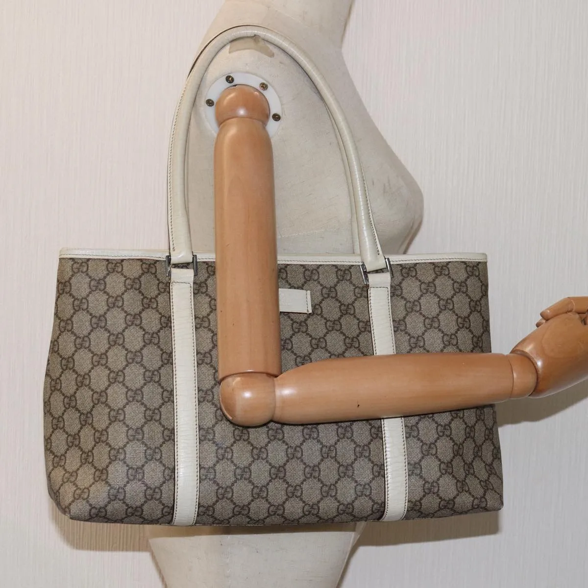 GUCCI GG Supreme Tote Bag PVC Leather Beige 114595 yk13216