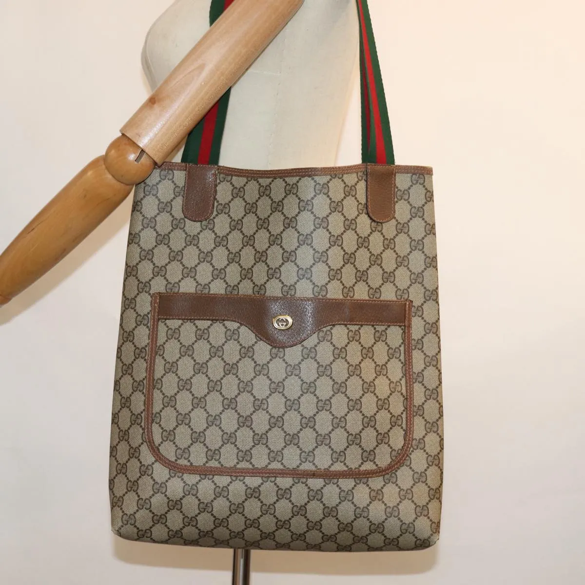 GUCCI GG Supreme Web Sherry Line Tote Bag Beige Red Green 89 02 003 ep4366