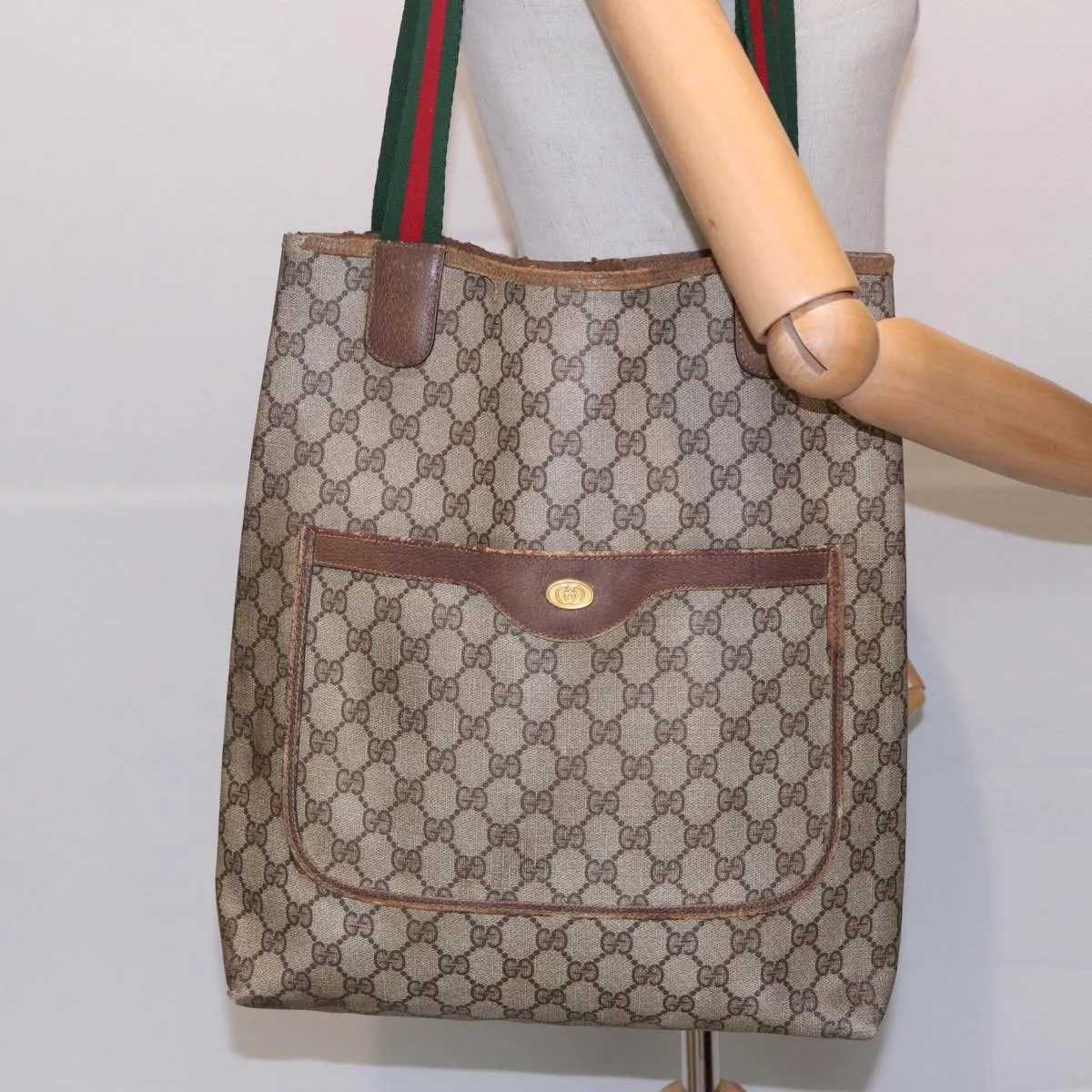 GUCCI GG Supreme Web Sherry Line Tote Bag PVC Beige Gold 39 02 003 85391