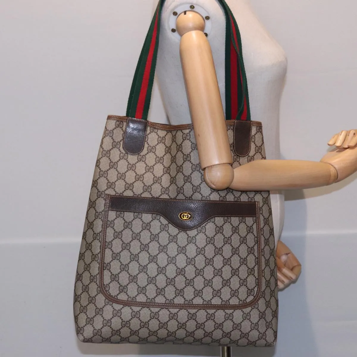 GUCCI GG Supreme Web Sherry Line Tote Bag PVC Beige Red 378 02 003 79623