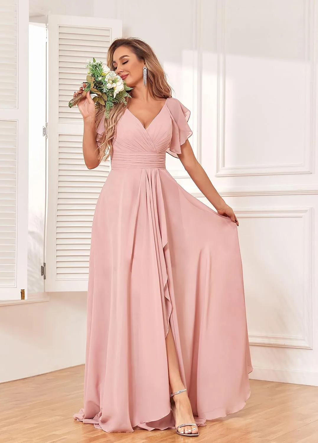 GUKARLEED Women's Long V Neck Bridesmaid Dresses for Wedding Short Sleeve Formal Dress Chiffon Evening Gown with Slit