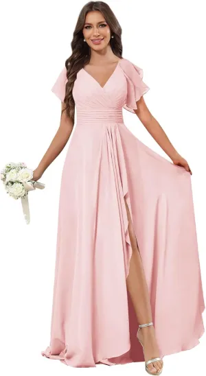 GUKARLEED Women's Long V Neck Bridesmaid Dresses for Wedding Short Sleeve Formal Dress Chiffon Evening Gown with Slit