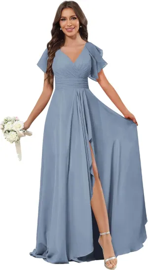 GUKARLEED Women's Long V Neck Bridesmaid Dresses for Wedding Short Sleeve Formal Dress Chiffon Evening Gown with Slit