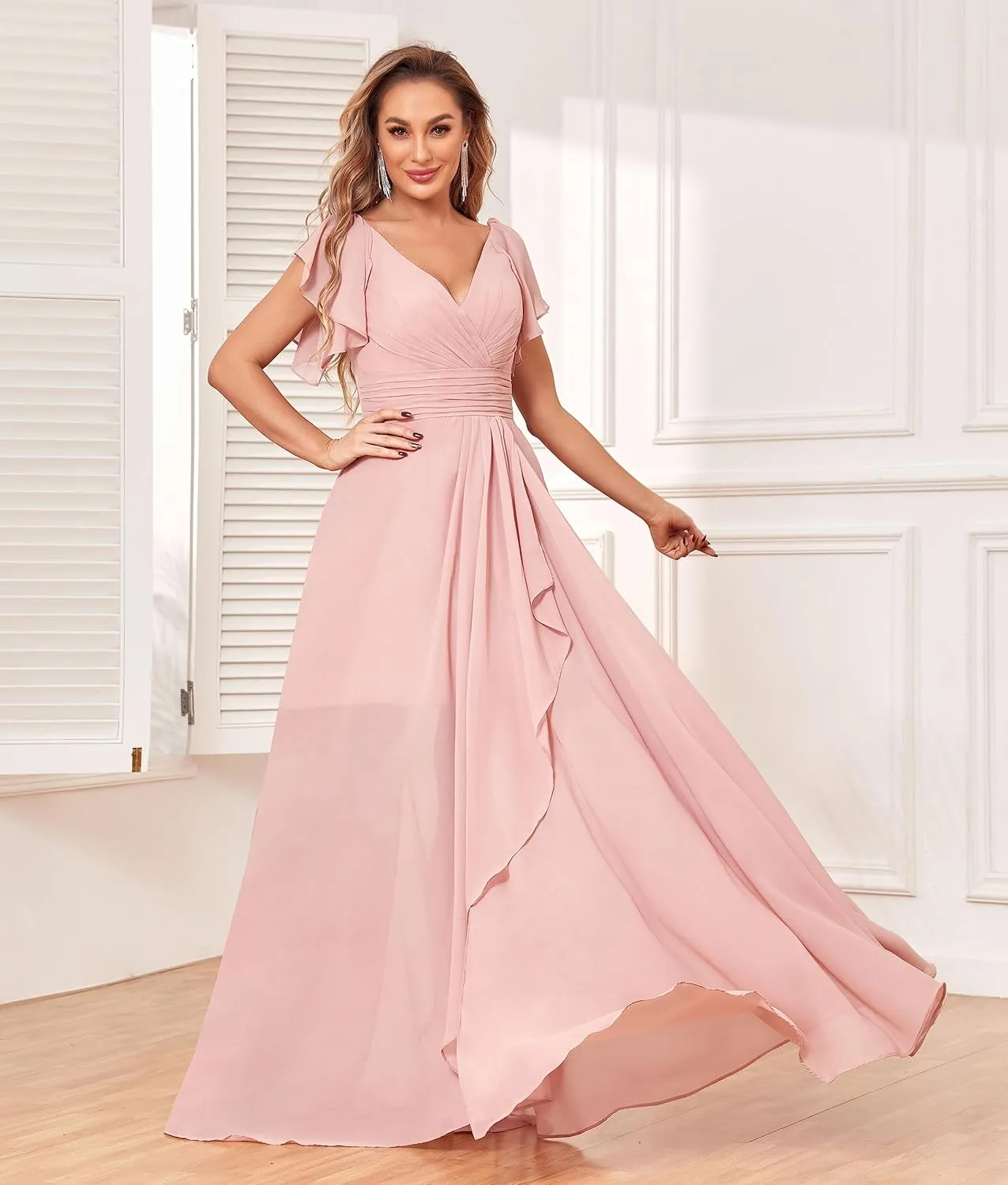 GUKARLEED Women's Long V Neck Bridesmaid Dresses for Wedding Short Sleeve Formal Dress Chiffon Evening Gown with Slit