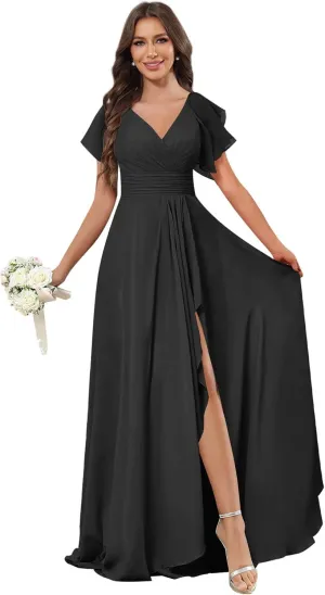 GUKARLEED Women's Long V Neck Bridesmaid Dresses for Wedding Short Sleeve Formal Dress Chiffon Evening Gown with Slit