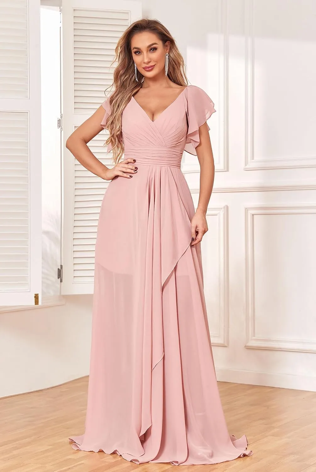 GUKARLEED Women's Long V Neck Bridesmaid Dresses for Wedding Short Sleeve Formal Dress Chiffon Evening Gown with Slit