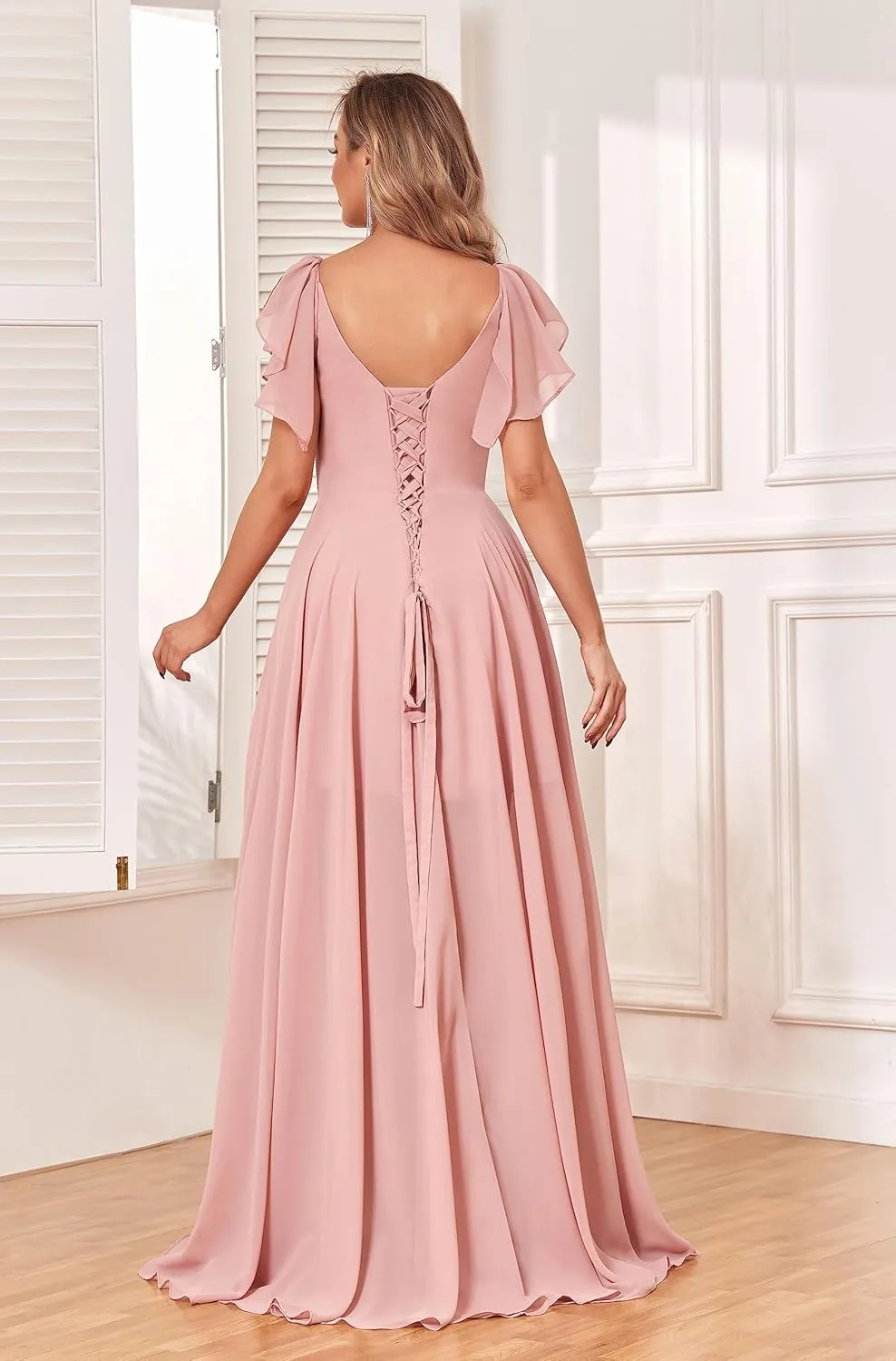 GUKARLEED Women's Long V Neck Bridesmaid Dresses for Wedding Short Sleeve Formal Dress Chiffon Evening Gown with Slit