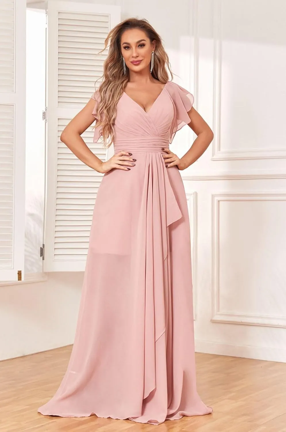 GUKARLEED Women's Long V Neck Bridesmaid Dresses for Wedding Short Sleeve Formal Dress Chiffon Evening Gown with Slit