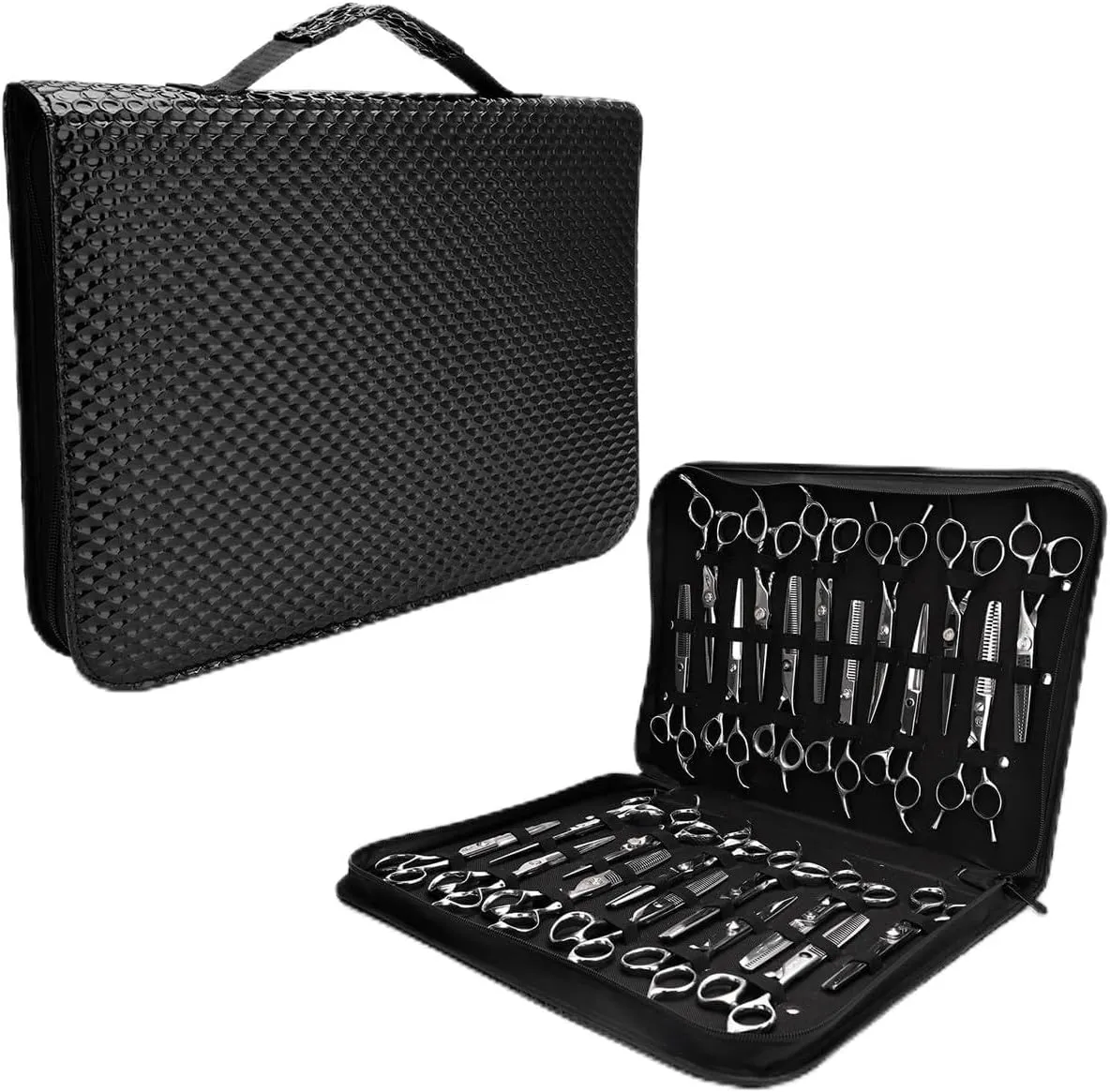 Hair Cutting Shear Cases Hairdresser PU Leather Salon Large Capacity Scissors Box Rack Storage Case Barbershop Styling Tool Extra Large Hanging Travel Toiletry Bag for Women and Men (Corrugated)