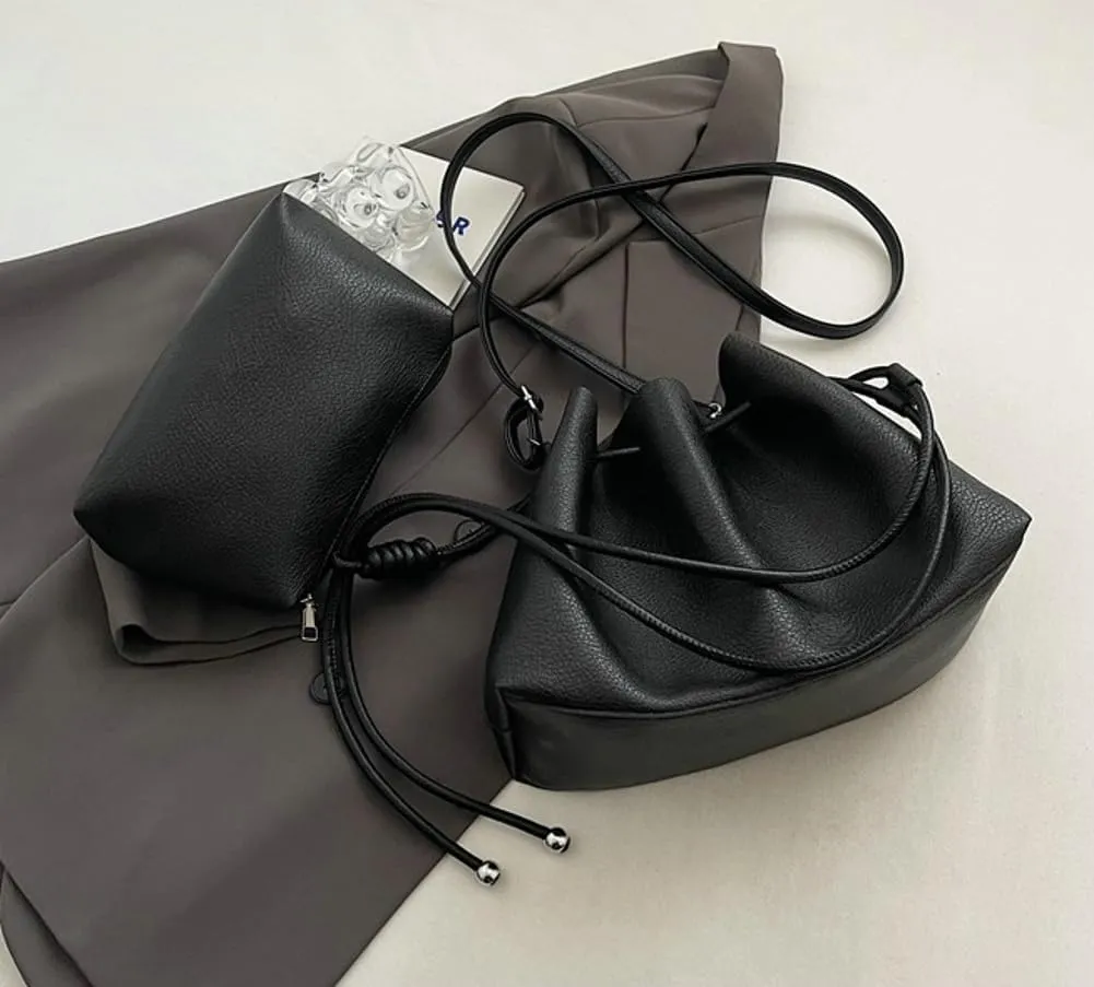 Halemet Bucket Bags for Women Drawstring Bucket Bag Soft Leather Shoulder Bag Purses for Women Crossbody Bag with Small Purse