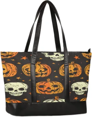 Halloween Skull Pumpkin Lamp Laptop Tote Bag for Women Lightweight Work Purse with Multiple Compartments Fits 13-15.6 Inch Laptop Tablet Shoulder Bag for Office Travel Daily Use