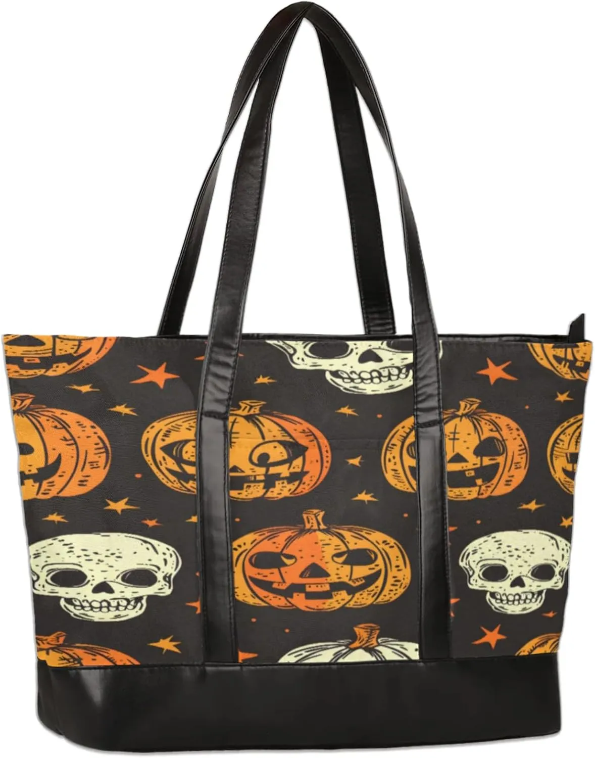 Halloween Skull Pumpkin Lamp Laptop Tote Bag for Women Lightweight Work Purse with Multiple Compartments Fits 13-15.6 Inch Laptop Tablet Shoulder Bag for Office Travel Daily Use