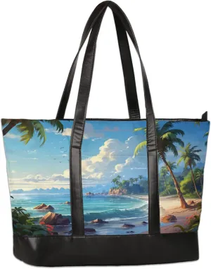 Hand Painted Coconut Island Ocean Landscape Laptop Tote Bag for Women Lightweight Work Purse with Multiple Compartments Fits 13-15.6 Inch Laptop Tablet Shoulder Bag for Office Travel Daily Use