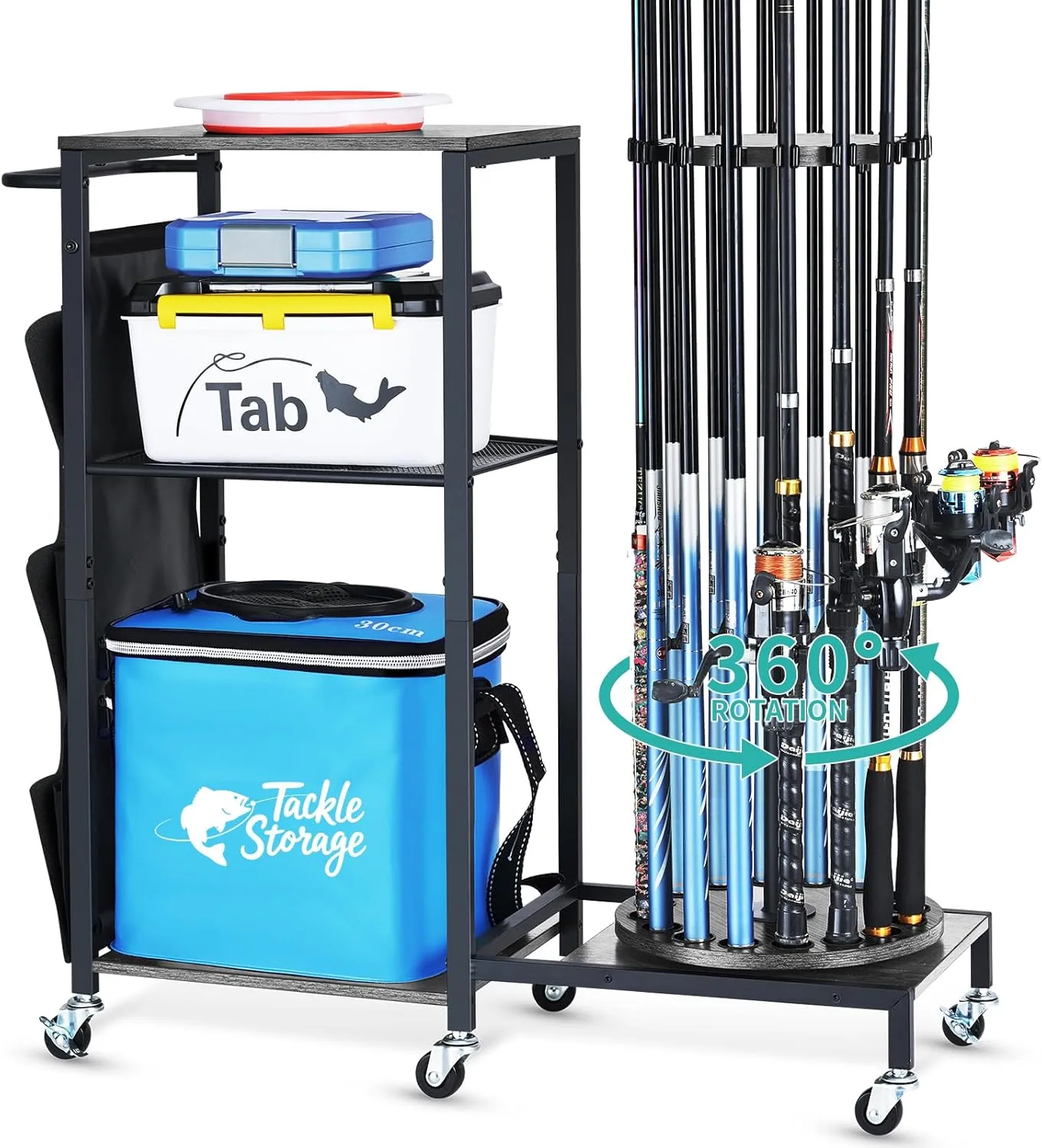 HapiRm Fishing Rod Holder for Garage - 360° Rotating Fishing Pole Rack with Wheels, Storage Organizer Cart for 12 Rods & Tackle Boxes - Space-Saving Fishing Rod Storage Stand for Men’s Fishing Gear