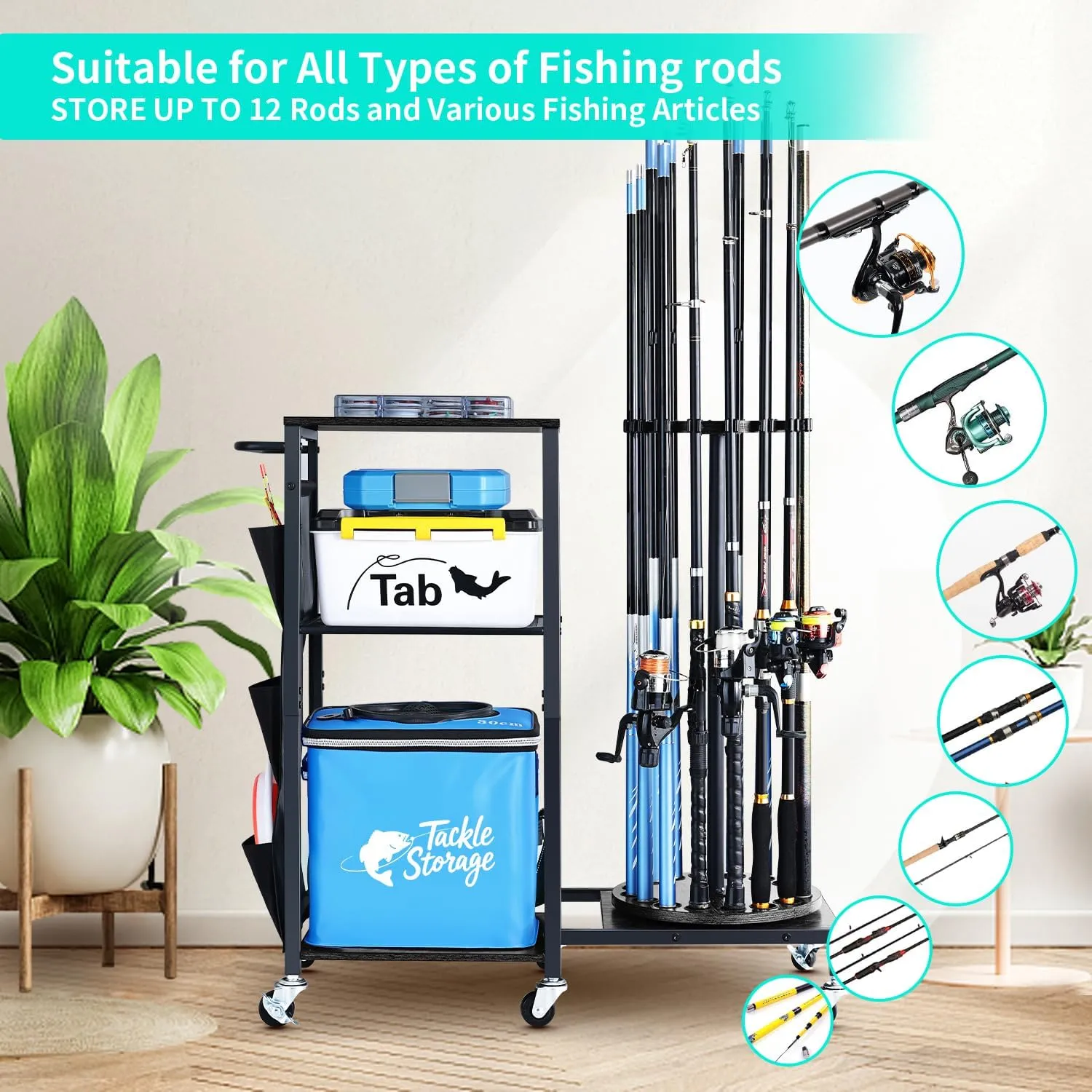 HapiRm Fishing Rod Holder for Garage - 360° Rotating Fishing Pole Rack with Wheels, Storage Organizer Cart for 12 Rods & Tackle Boxes - Space-Saving Fishing Rod Storage Stand for Men’s Fishing Gear
