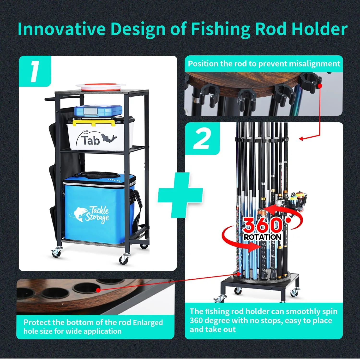 HapiRm Fishing Rod Holder for Garage - 360° Rotating Fishing Pole Rack with Wheels, Storage Organizer Cart for 12 Rods & Tackle Boxes - Space-Saving Fishing Rod Storage Stand for Men’s Fishing Gear