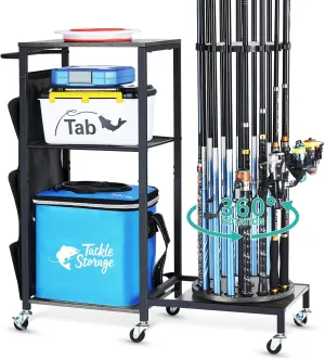 HapiRm Fishing Rod Holder for Garage - 360° Rotating Fishing Pole Rack with Wheels, Storage Organizer Cart for 12 Rods & Tackle Boxes - Space-Saving Fishing Rod Storage Stand for Men’s Fishing Gear