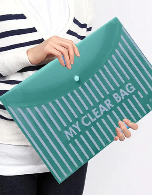 Heavy Plastic 300 Micron Clear Envelopes with Snap Button Closure - A4 & Legal Letter Size - Lining Print Plastic Poly Document File Folder for School, Home & Office Use - Pack of 10