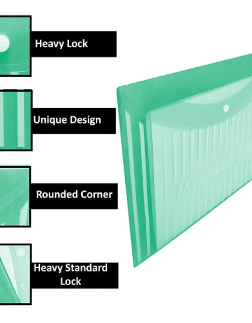 Heavy Plastic 300 Micron Clear Envelopes with Snap Button Closure - A4 & Legal Letter Size - Lining Print Plastic Poly Document File Folder for School, Home & Office Use - Pack of 10