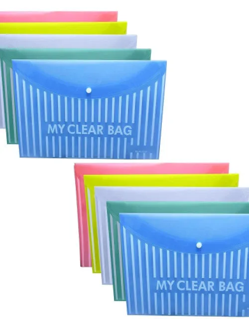 Heavy Plastic 300 Micron Clear Envelopes with Snap Button Closure - A4 & Legal Letter Size - Lining Print Plastic Poly Document File Folder for School, Home & Office Use - Pack of 10