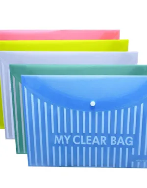 Heavy Plastic 300 Micron Clear Envelopes with Snap Button Closure - A4 & Legal Letter Size - Lining Print Plastic Poly Document File Folder for School, Home & Office Use - Pack of 10